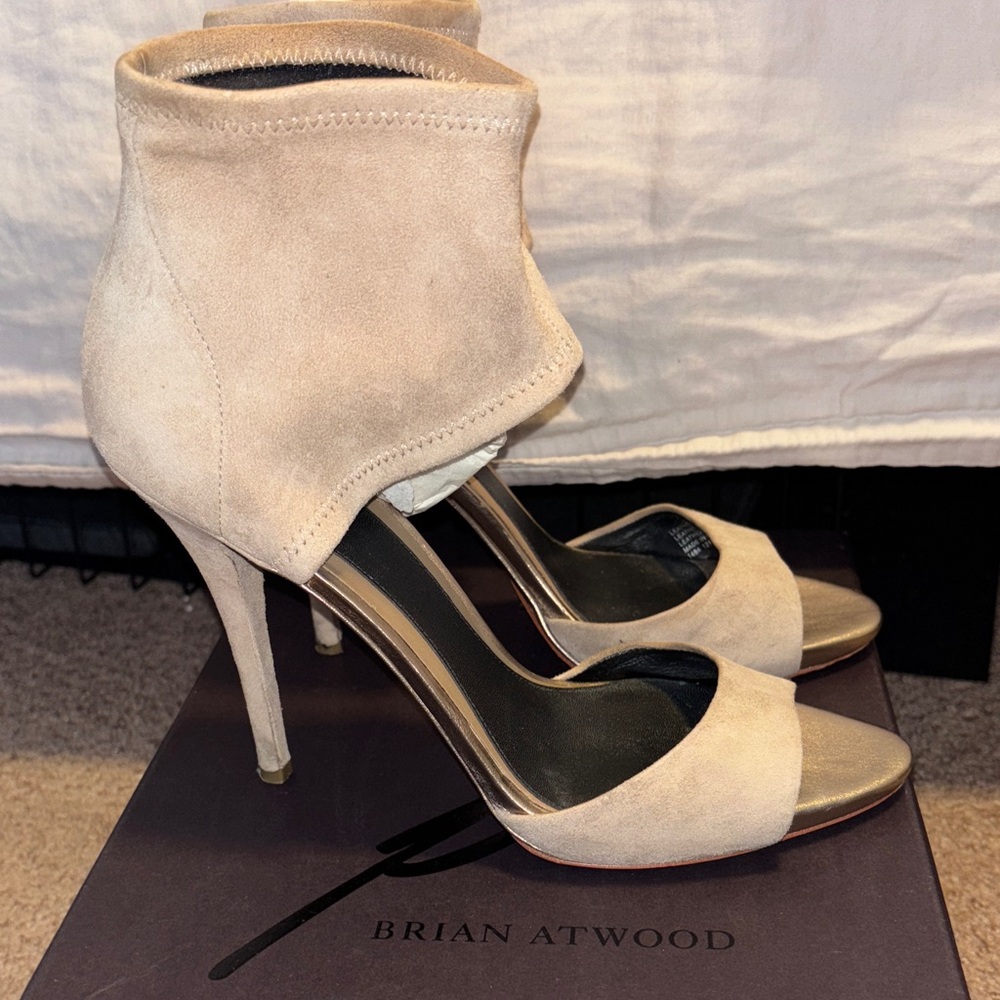 Brian Atwood Light Beige Suede Heels